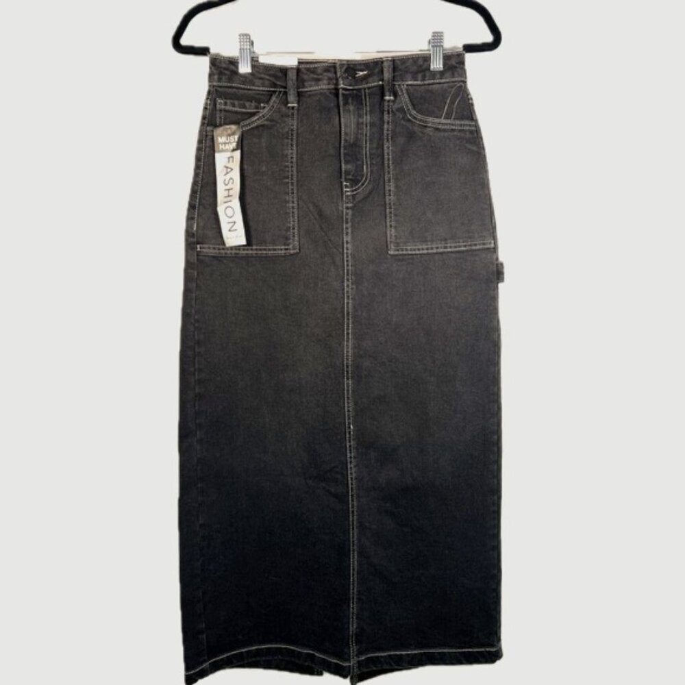 NWT love, fire Black Charcoal Back Slit Denim Jean Midi‎ Skirt with Pockets Sz 5